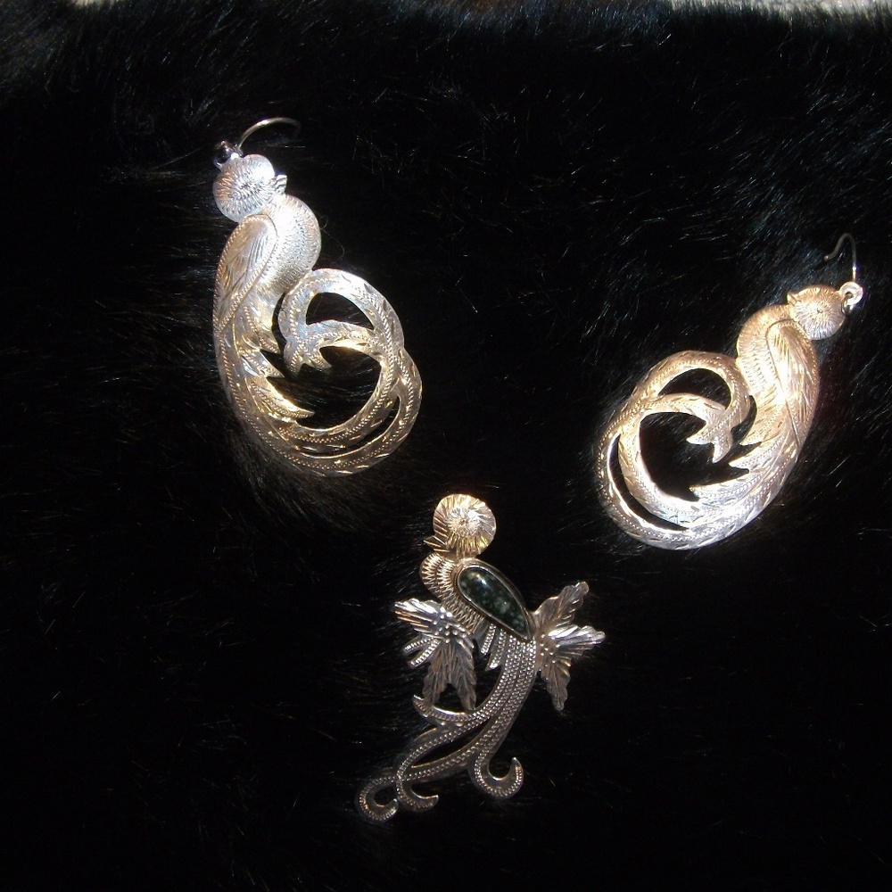 Sterling with Jade-Peacock earrings and pin